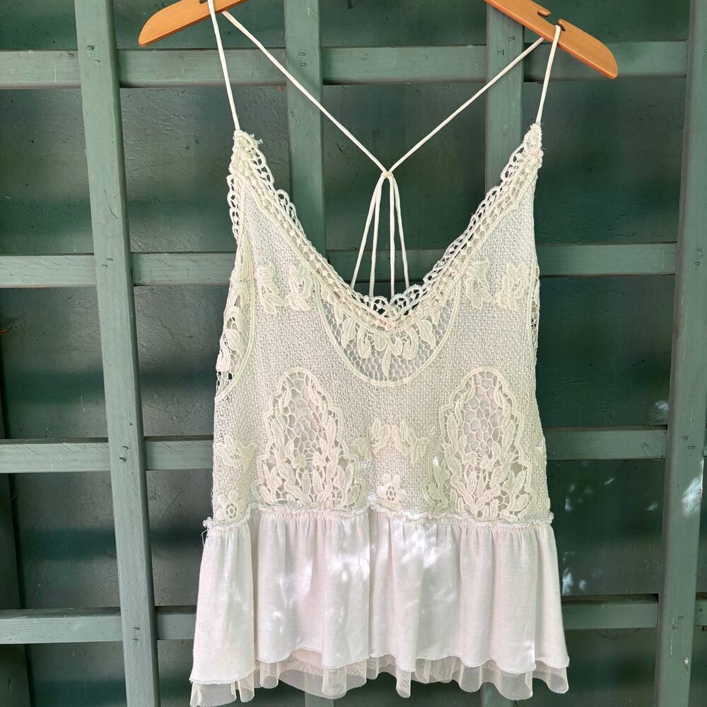 Kimchi Blue Boho Lace Crochet Ruffle Peplum Strappy Cami Tank Top XS